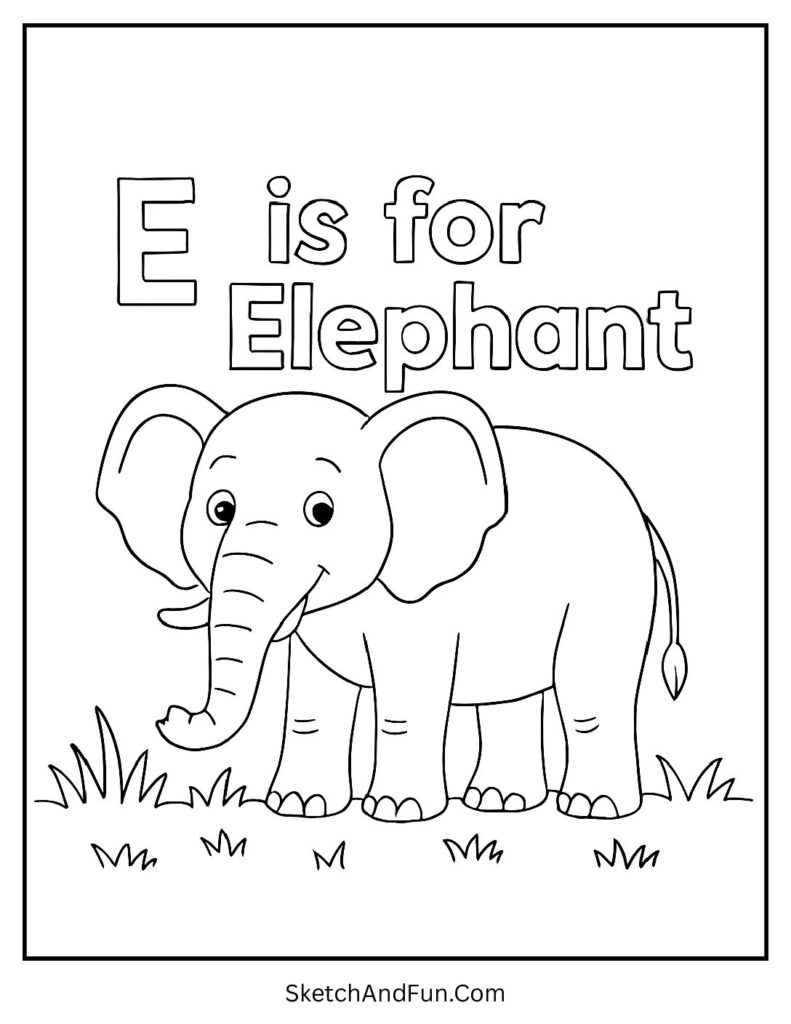 Big elephant in grass for e is for elephant coloring page.