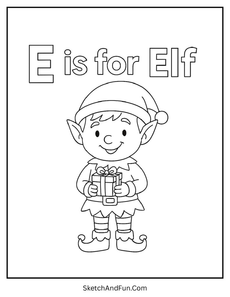 Elf holding gift for letter e coloring sheet easy.
