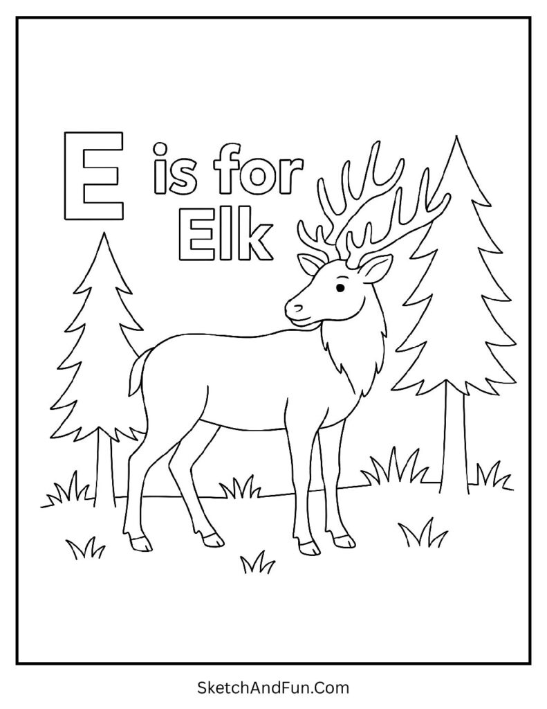 Elk standing in forest for letter e coloring pages for toddlers.