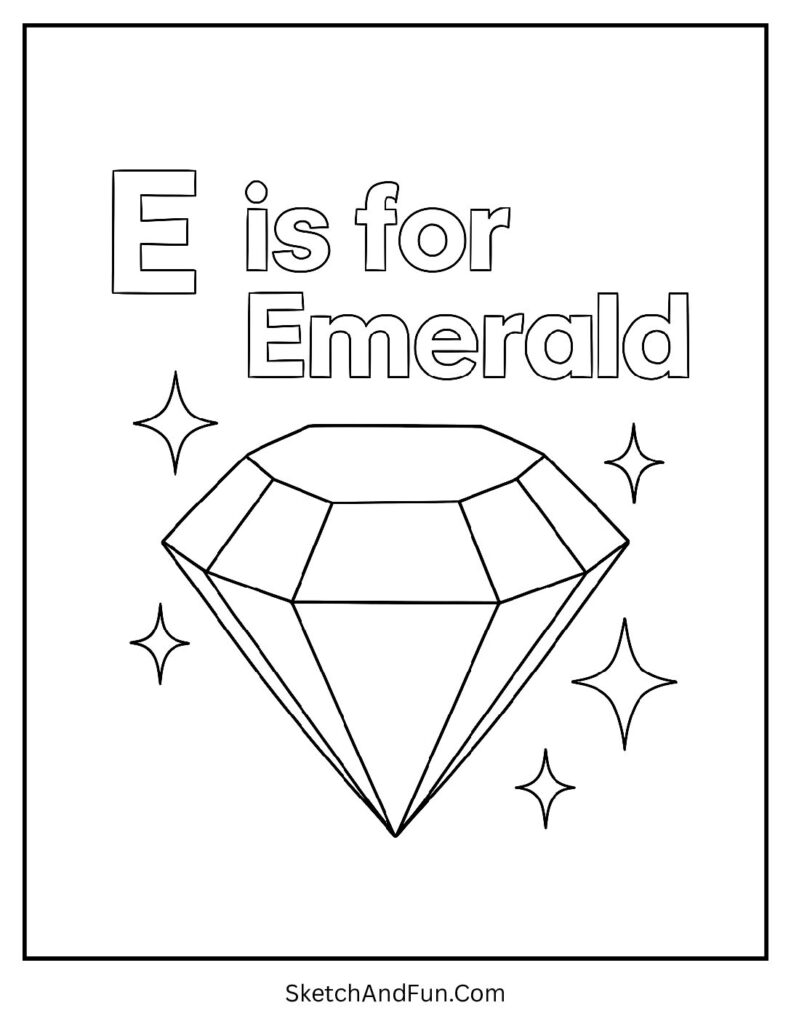 Sparkling emerald gem for letter e maze coloring page.