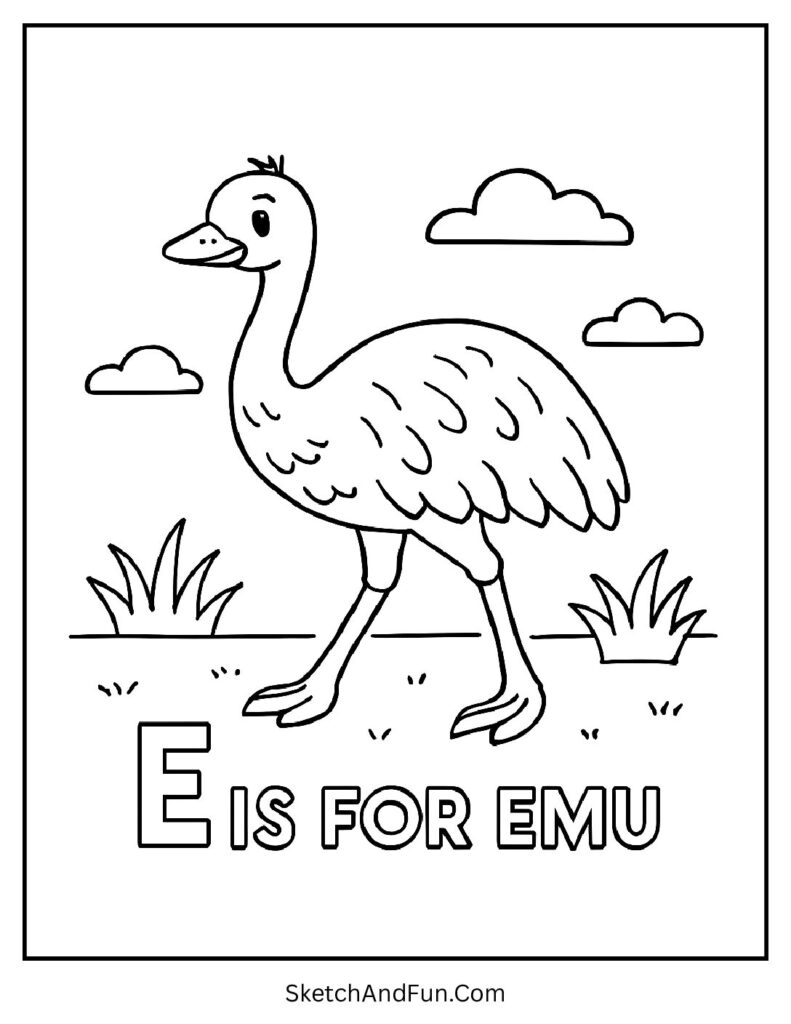 Emu bird walking in field for printable letter e coloring pages.
