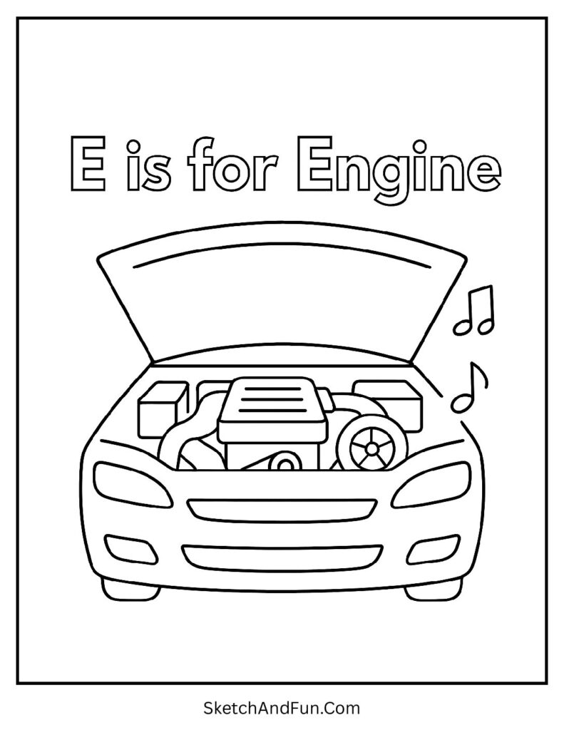 Car engine under open hood for uppercase e coloring page.