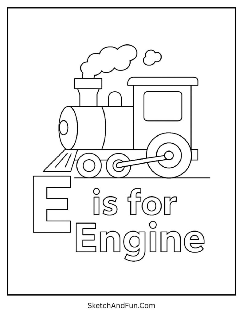 Train engine puffing smoke for letter e coloring pages for kids.