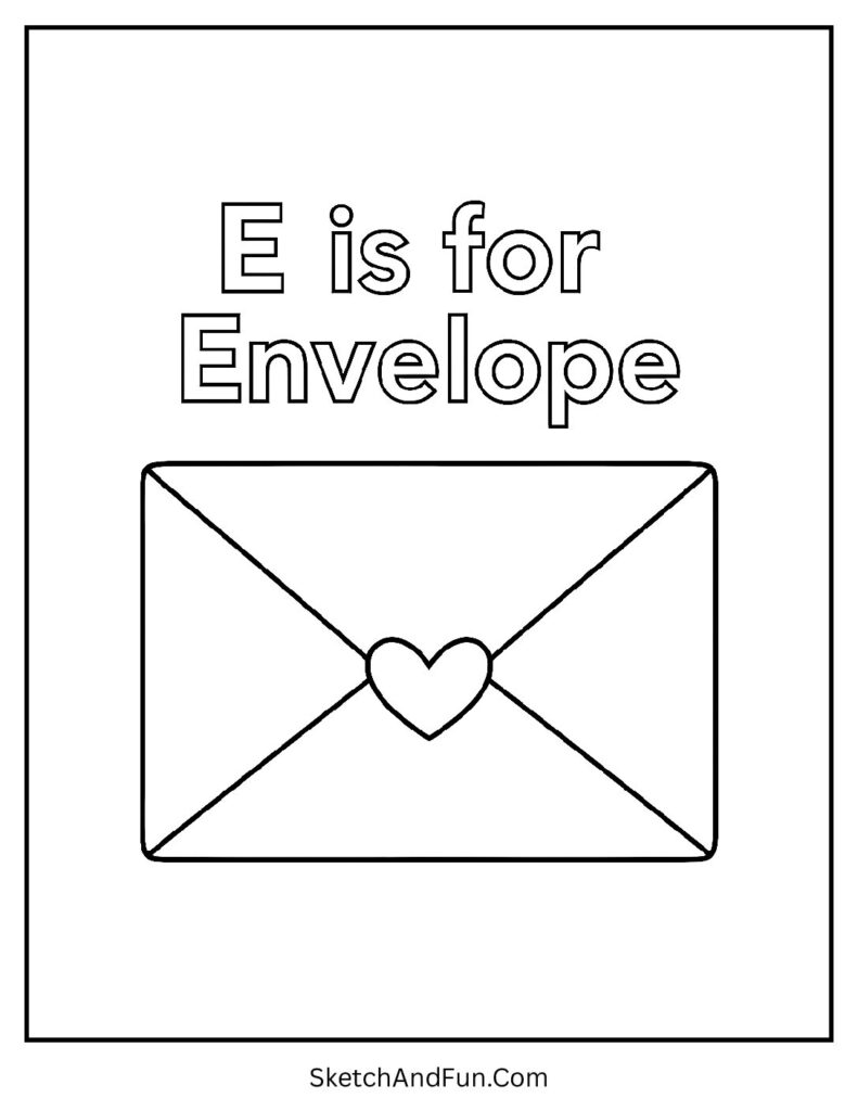 Envelope with heart seal for letter e coloring pages printable pdf.