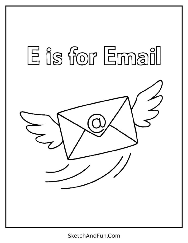 Flying envelope with @ sign for letter e coloring pages free.