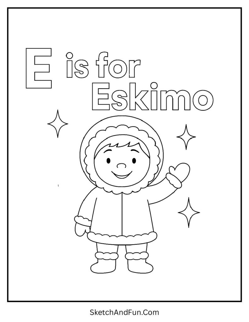 Child in winter coat for free letter e coloring pages for preschoolers.