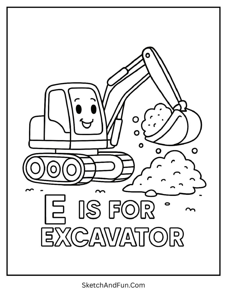 Excavator digging ground for letter e dot to dot coloring page.