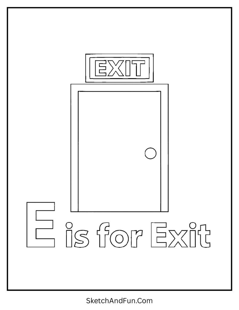 Exit door with sign for ASL letter e coloring page.