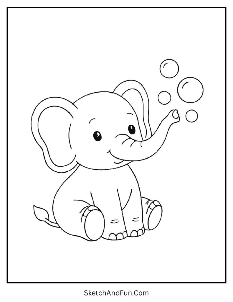 Elephant blowing bubbles with trunk for easy animals coloring sheets for toddlers.