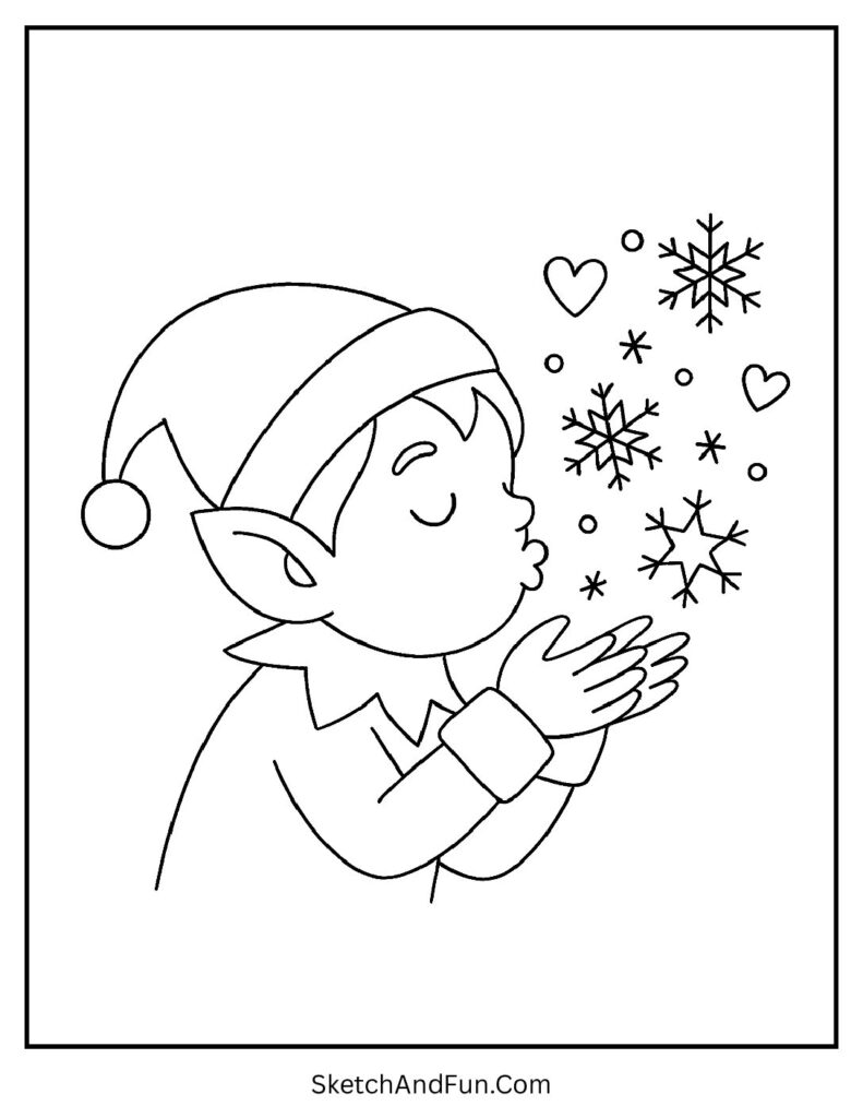 Elf blowing snowflakes for elf silhouette coloring pages magical winter idea