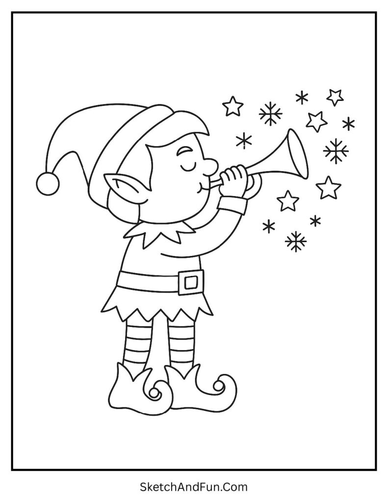 Elf blowing trumpet with stars for elf coloring pages for toddlers simple joy
