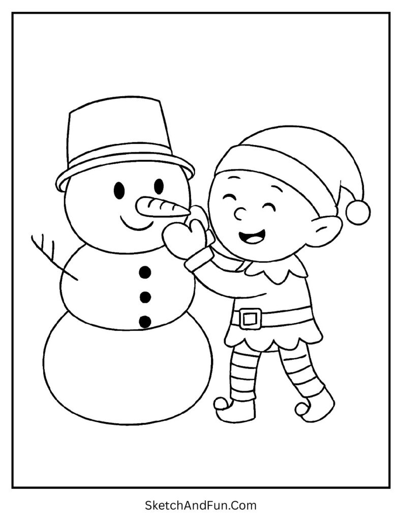 Elf building snowman with carrot nose for simple elf coloring pages kids love