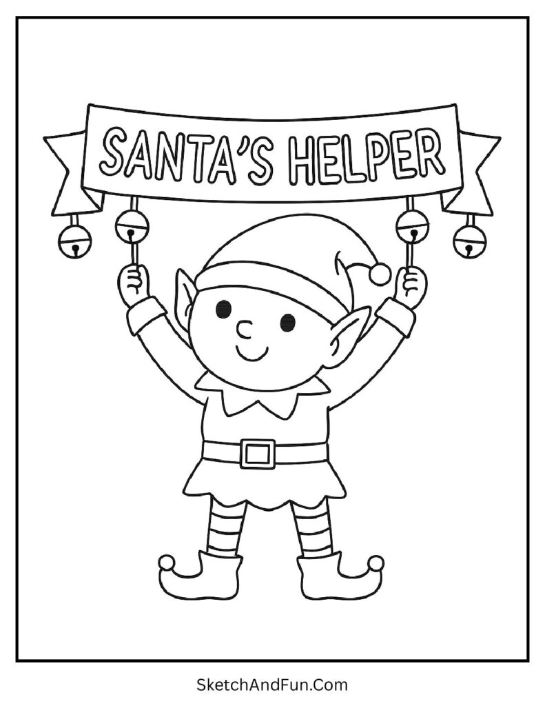Playful elf holding banner for elf coloring book pages with holiday bells