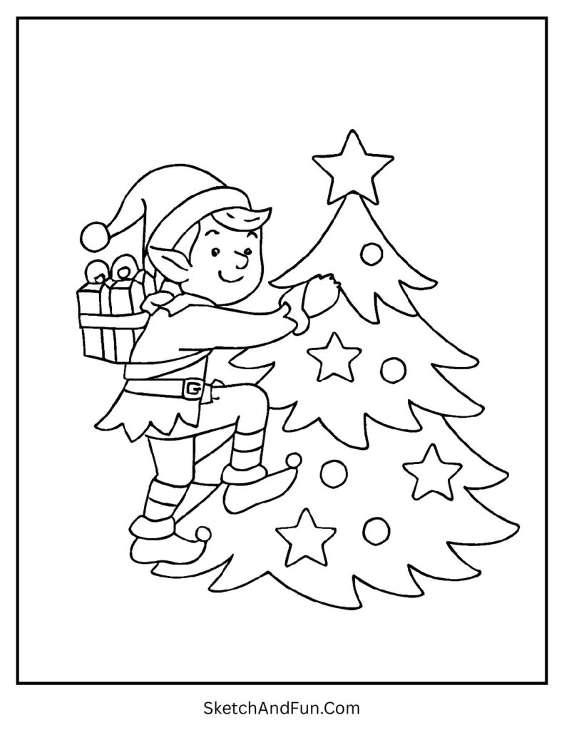 Elf climbing tree with gifts for printable elf coloring sheet free festive fun