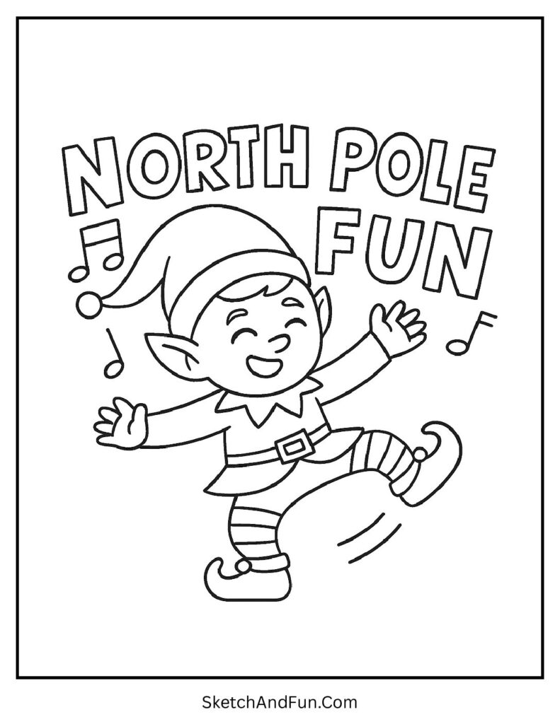Joyful elf dancing with music notes for dancing elf coloring pages kids enjoy