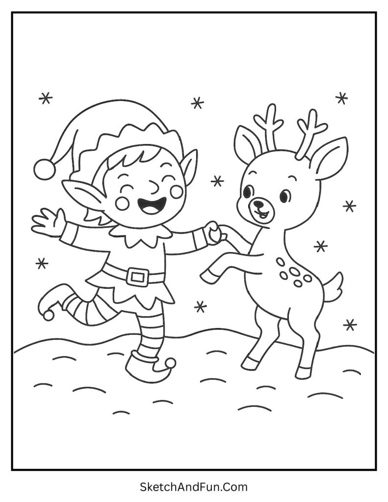 Elf dancing with reindeer for detailed elf coloring pages festive play