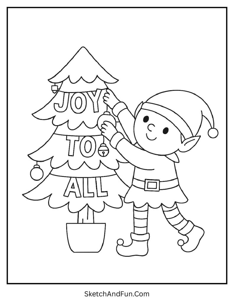 Elf decorating a tree with words for elf coloring pages printable family activity