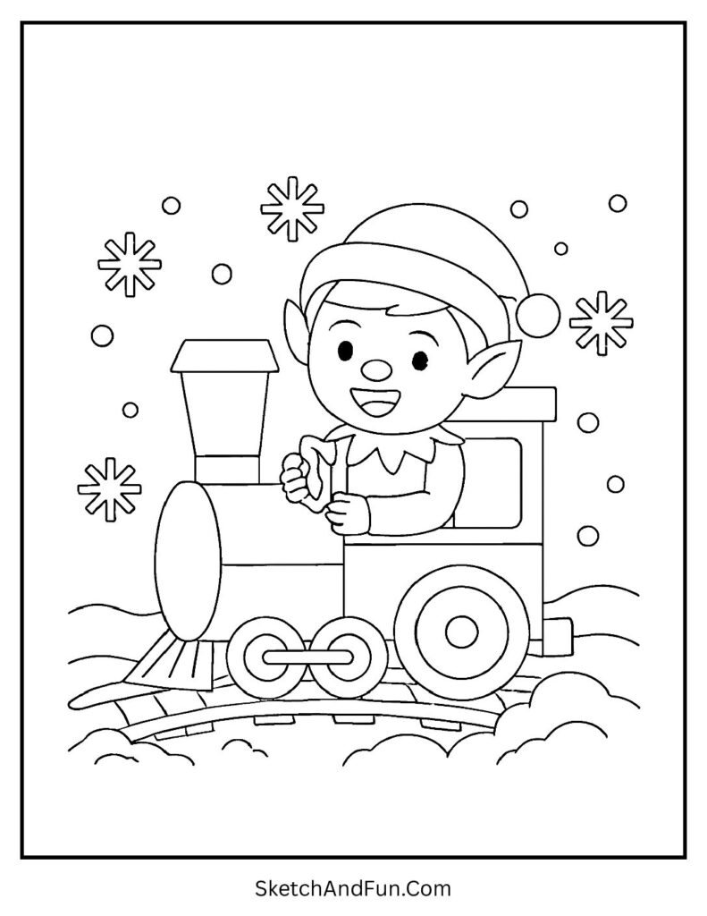 Elf driving toy train for elf coloring pages pdf Christmas printable set