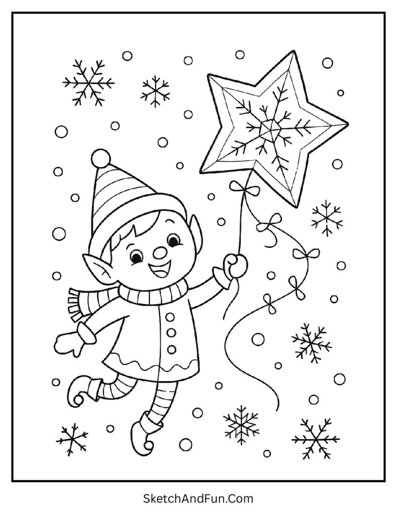 Elf flying kite shaped like star for elven coloring pages magical holiday art