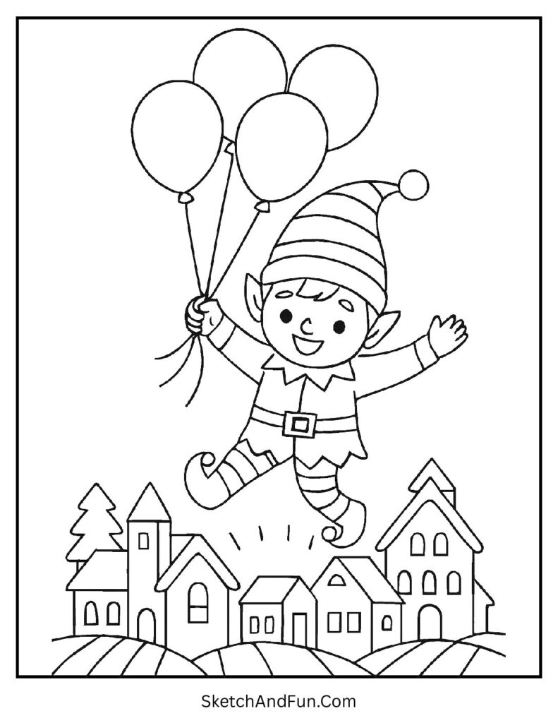 Balloon-flying elf floating high for whimsical elf coloring pages celebration