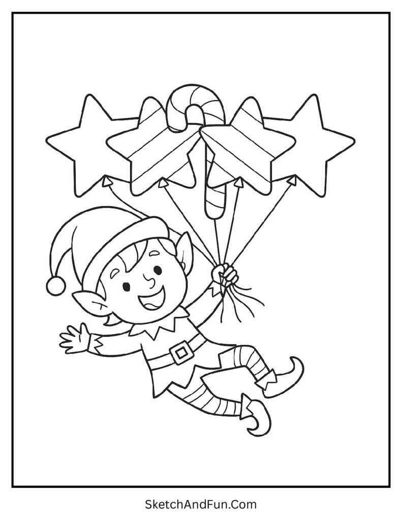 Elf flies with star and candy balloons, Christmas coloring pages whimsical festive.