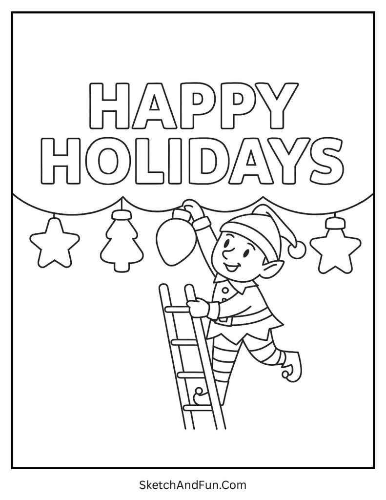 Elf stringing lights spelling words for elf coloring pages to print at home