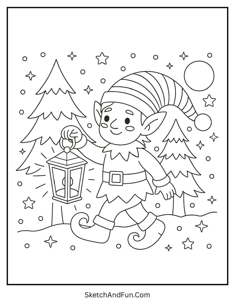 Elf holding lantern at night for elf coloring pages for adults quiet scene