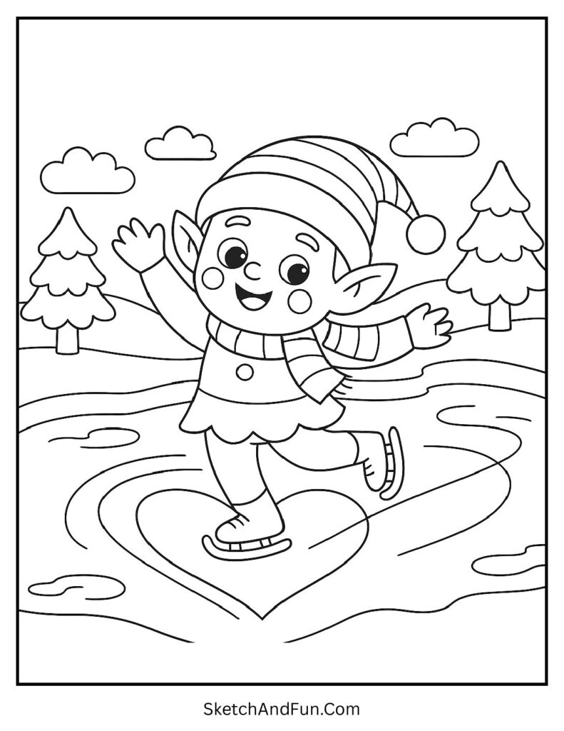 Ice-skating elf twirling on frozen pond for cute elf coloring pages holiday joy
