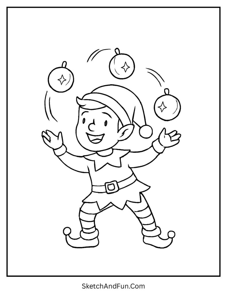 Elf juggling ornaments for elf coloring pages with ornaments sparkling fun