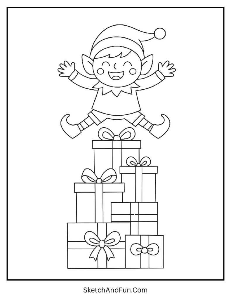 Elf jumping on gift pile for cute christmas elf coloring pages seasonal fun