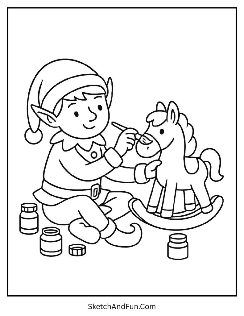 Elf painting toys in workshop for elf drawing coloring pages creative fun