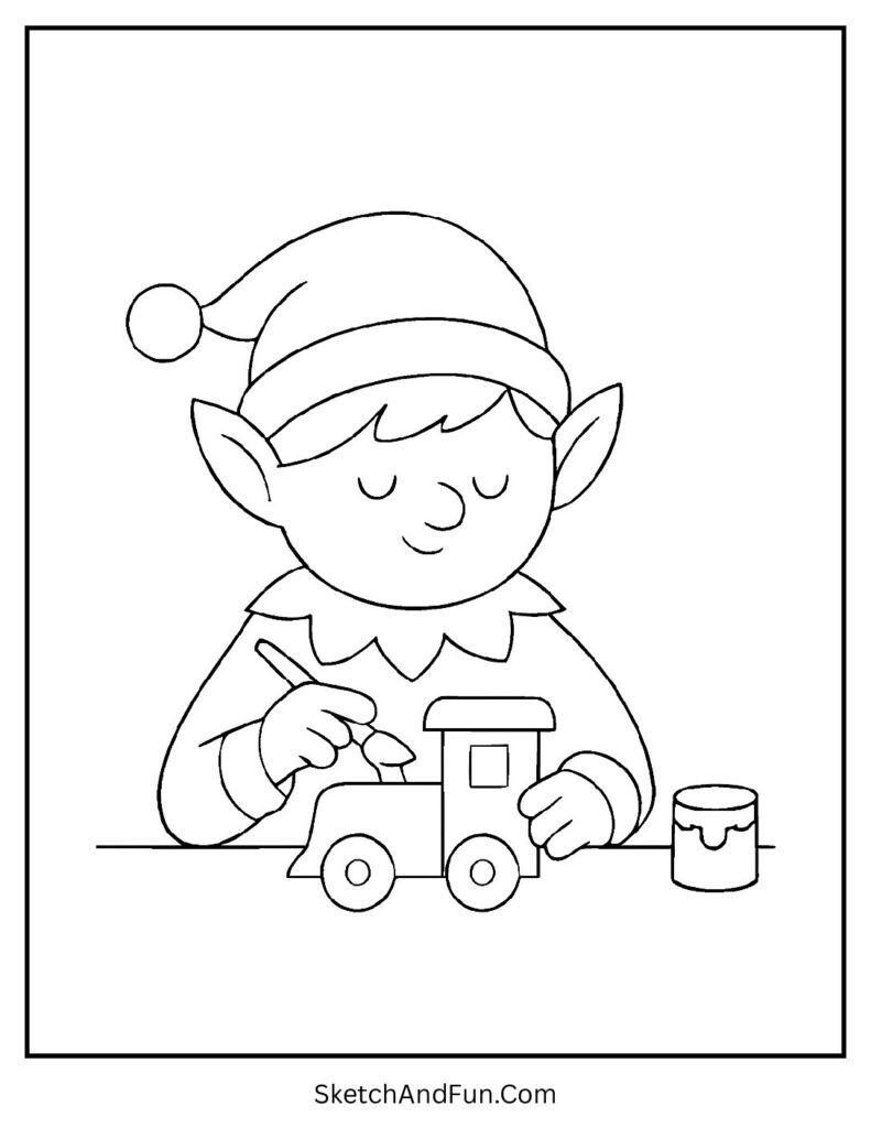 Elf paints a toy train carefully, Christmas coloring pages toy soldier for kids.