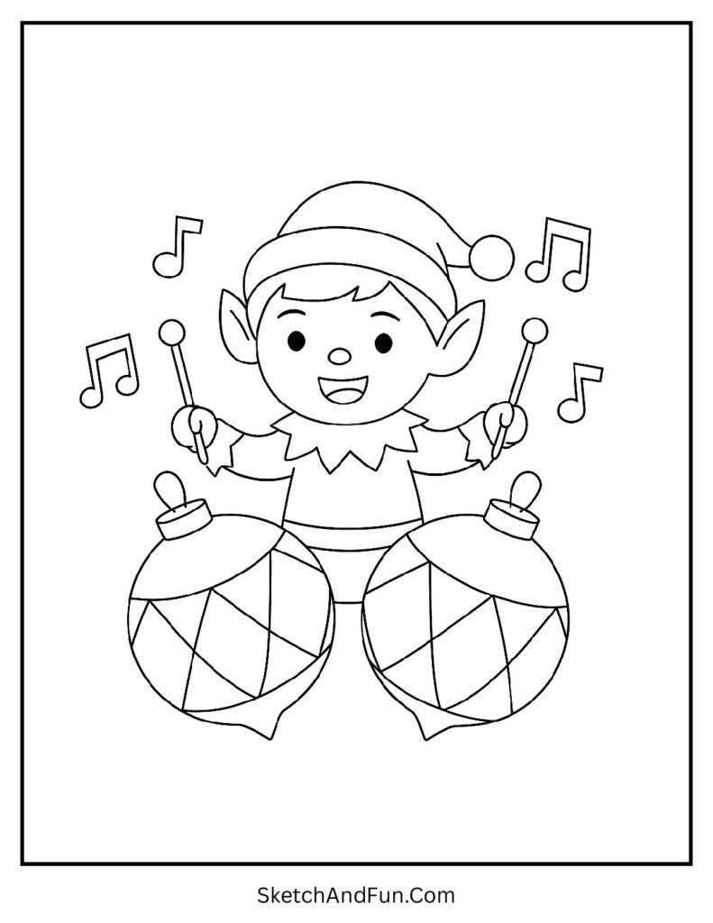 Elf playing ornament-shaped drums for cartoon elf coloring pages music theme