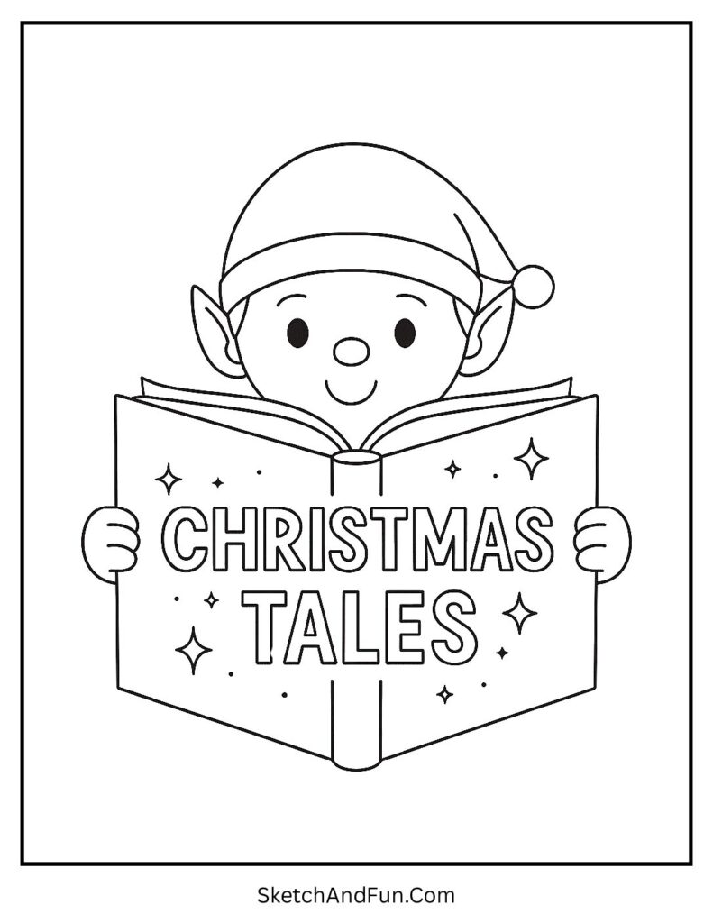 Elf reading magical tales for elf on the shelf coloring pages storytelling theme