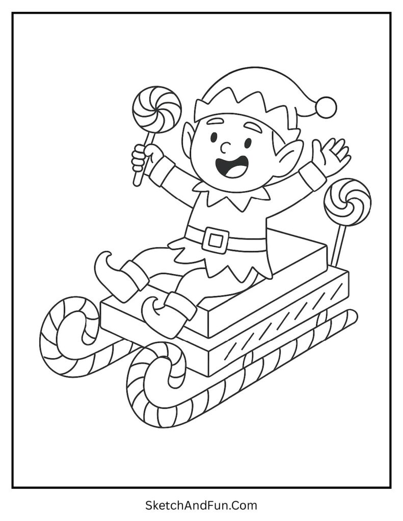 Elf sliding on candy sleigh for elf coloring pages holiday sweet ride