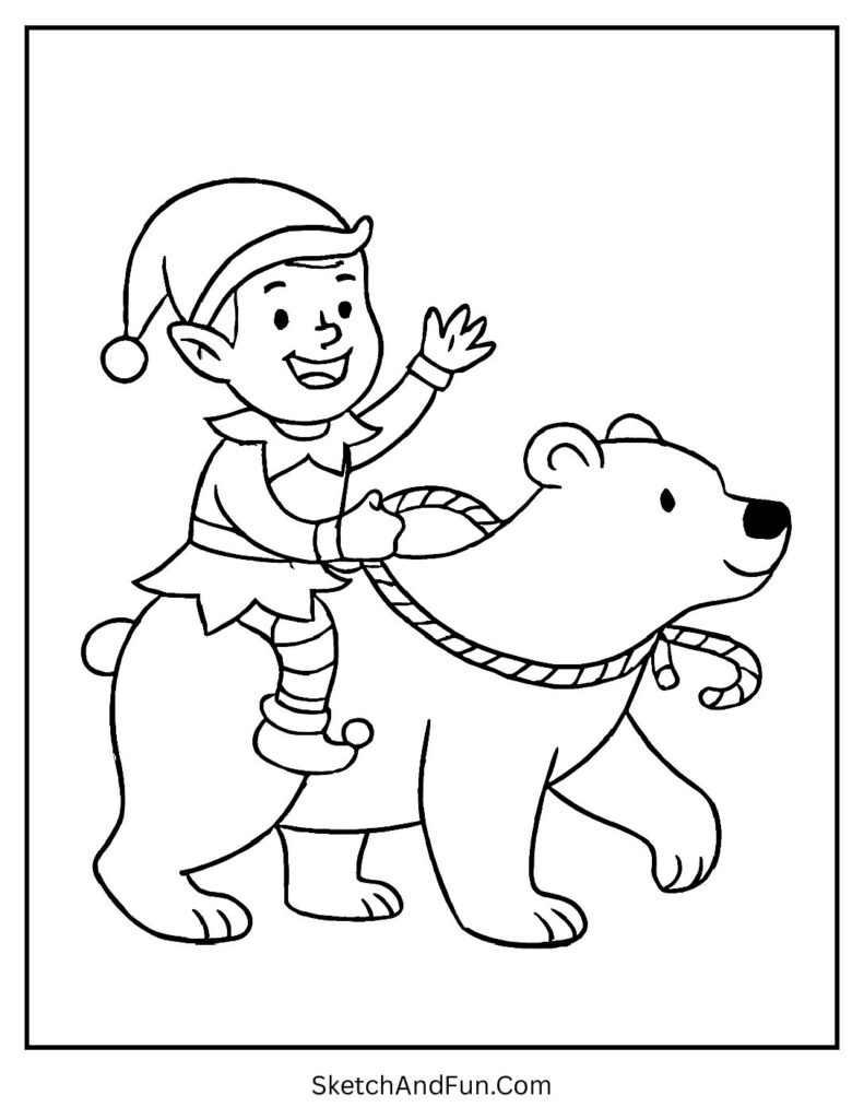 Elf riding polar bear for forest elf coloring pages magical holiday scene