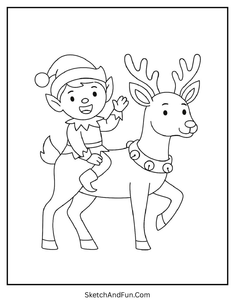 Elf riding reindeer happily for elf with reindeer coloring page design