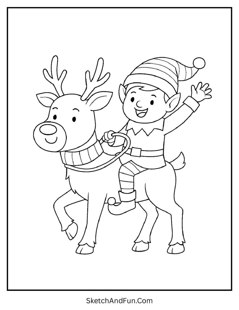 Elf rides a flying reindeer, Christmas coloring pages cute cartoon Santa cheerful.