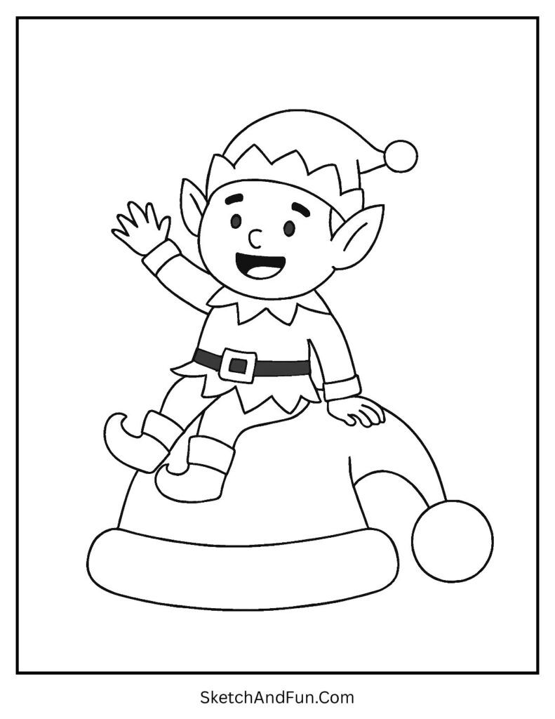 Elf sitting on Santa’s hat for elf with santa coloring pages holiday moment