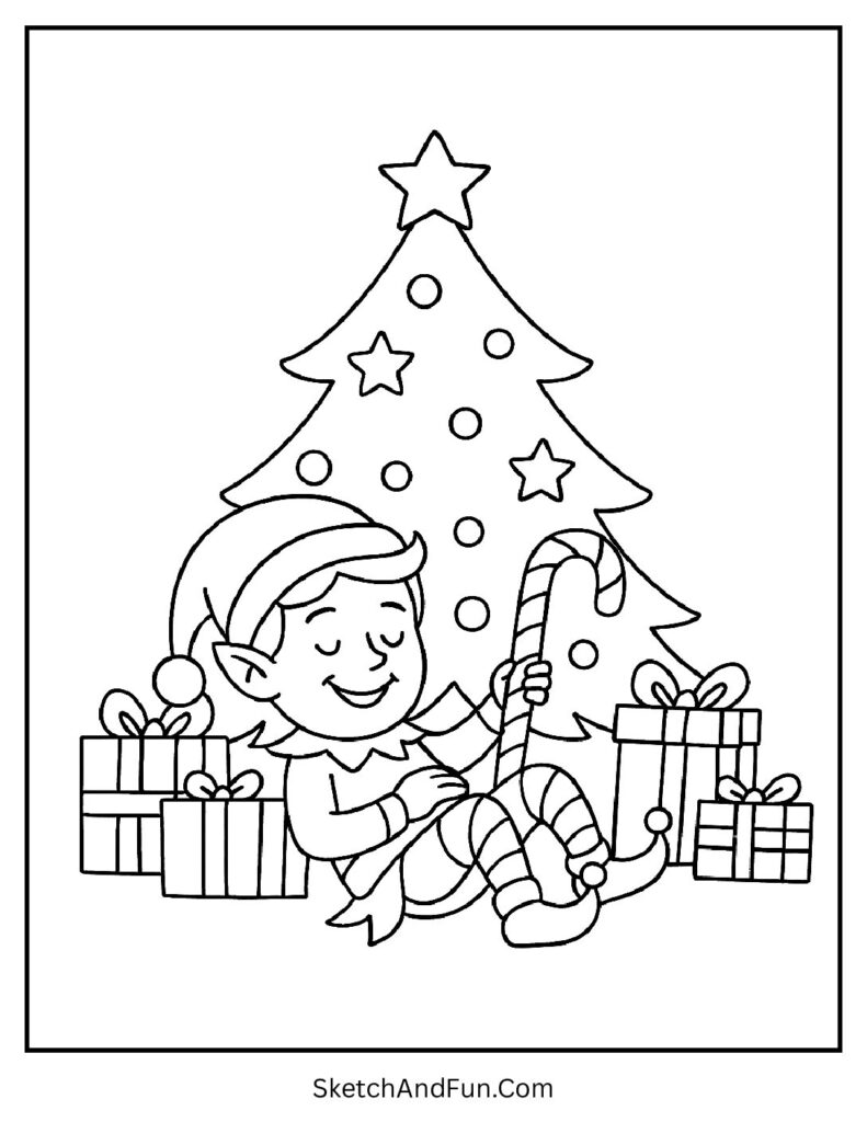 Elf napping under Christmas tree for realistic elf coloring pages calm scene