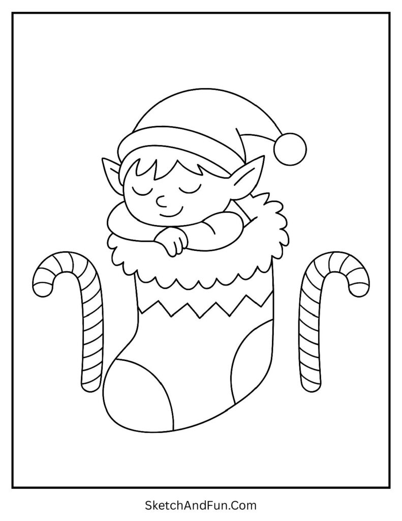 Elf cozy in a stocking for elf coloring pages for toddlers bedtime theme