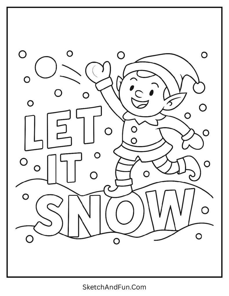 Elf snowball fight scene for elf coloring pages for preschool winter fun