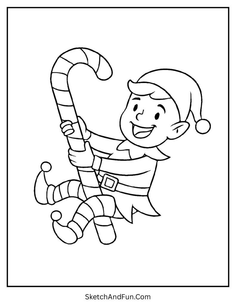 Elf swinging on candy cane for elf coloring pages for kids joyful scene