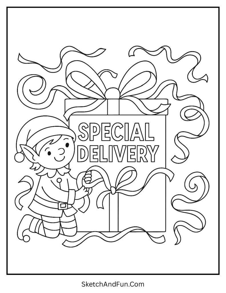 Elf wrapping boxes with ribbons for elf wrapping presents coloring page idea