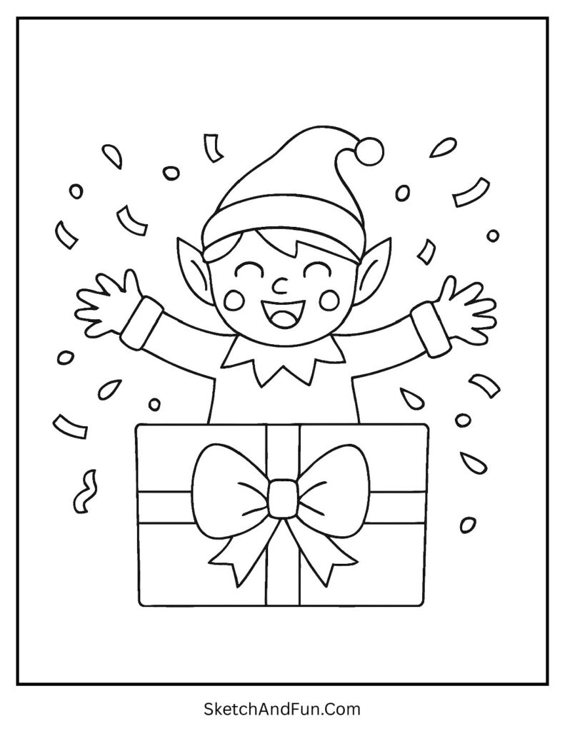 Elf jumping out of gift box for elf coloring pages free download holiday cheer