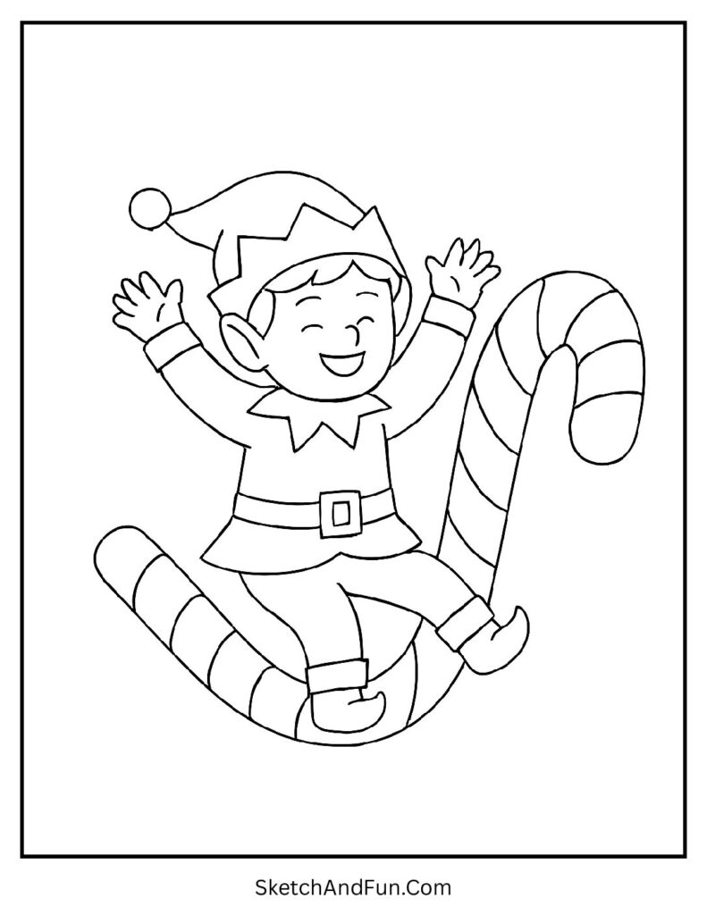 Cute Christmas coloring pages elf sliding down candy cane