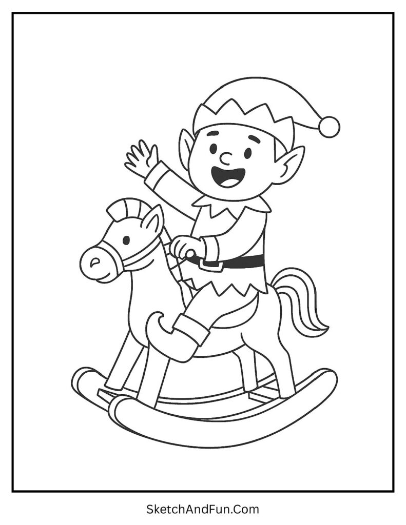 Elf riding rocking horse for boy elf coloring pages playful adventure