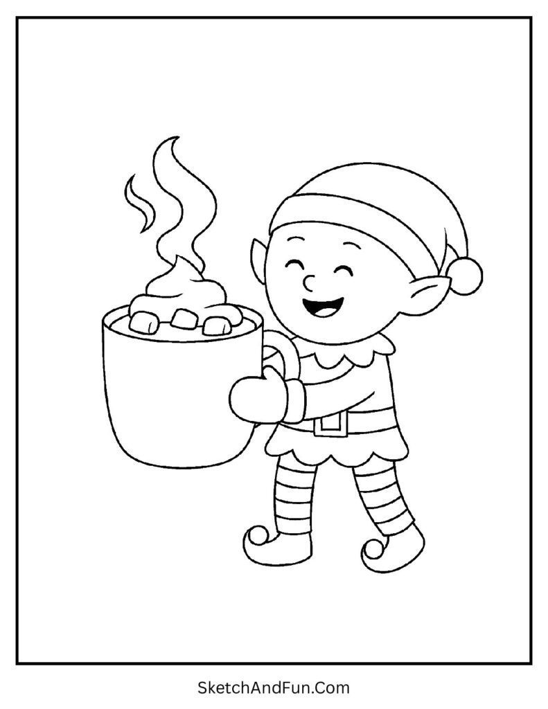 Elf with hot chocolate mug for elf coloring pages for teens cozy activity