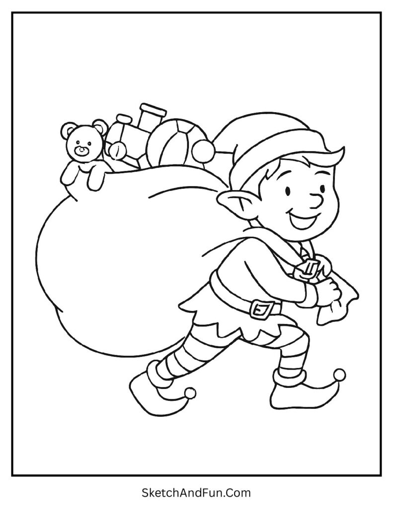 Elf dragging big present sack for elf coloring pages free download holiday joy