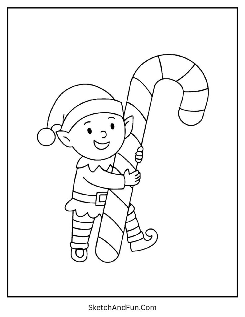 Elf holding candy cane taller than itself for elf coloring pages with ornaments